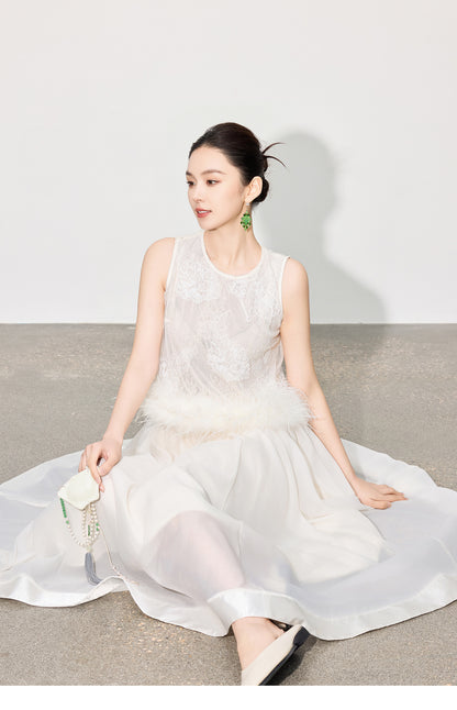 Double-Layer Mesh Patchwork Long Skirt with Elastic Waist