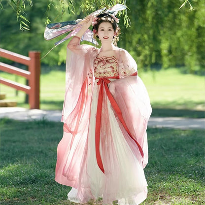 Fairy Hanfu Costume — Hibiscus Embroidered Shirt & Flowing Skirt Outfit