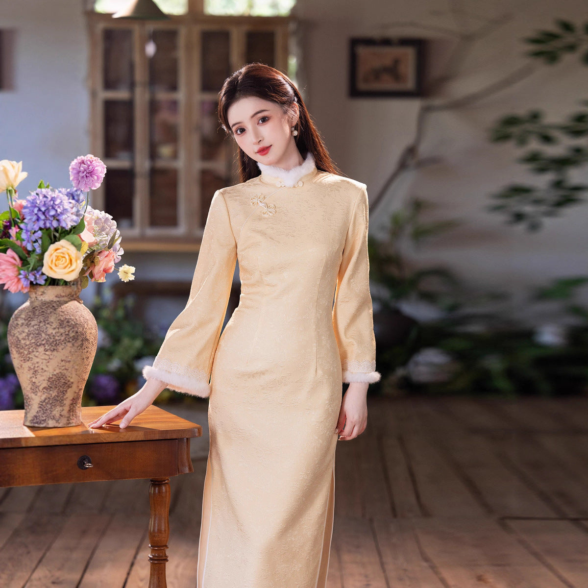 Yellow Fleece-Lined Winter Qipao | Thickened Long-Sleeve Retro Dress 2025