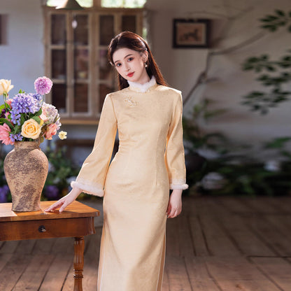 Yellow Fleece-Lined Winter Qipao | Thickened Long-Sleeve Retro Dress 2025