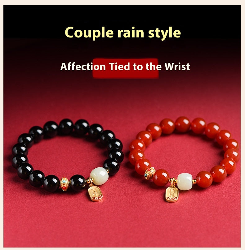 Natural Red Agate & Obsidian Bracelet — Lucky Protection Charm for Zodiac Year