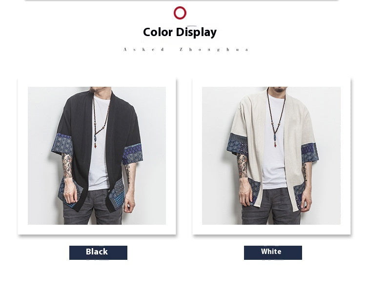 Summer Chinese Hanfu Cardigan Men’s Cotton Linen Patchwork Robe