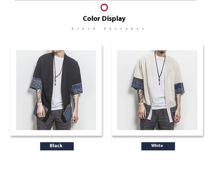 Summer Chinese Hanfu Cardigan Men’s Cotton Linen Patchwork Robe