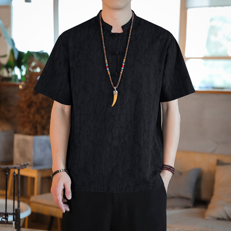 Chinese Style Mens Cotton Linen Tang Suit Short Sleeve Casual T Shirt