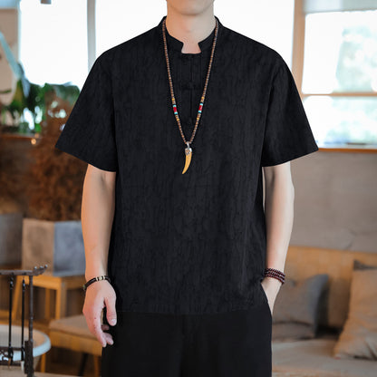 Chinese Style Mens Cotton Linen Tang Suit Short Sleeve Casual T Shirt