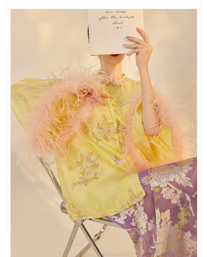 New Chinese Embroidered Feather Sleeve Patchwork Top & Skirt Set