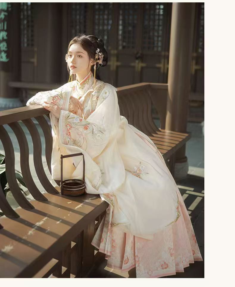 Women Ming Dynasty Hanfu Set Heavy Embroidery Cloud Shoulder Stand Collar Horse Face Skirt