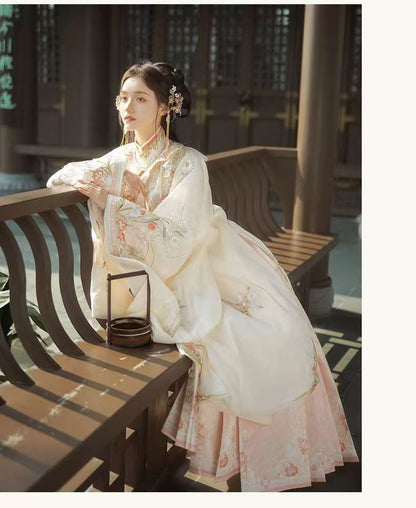 Women Ming Dynasty Hanfu Set Heavy Embroidery Cloud Shoulder Stand Collar Horse Face Skirt