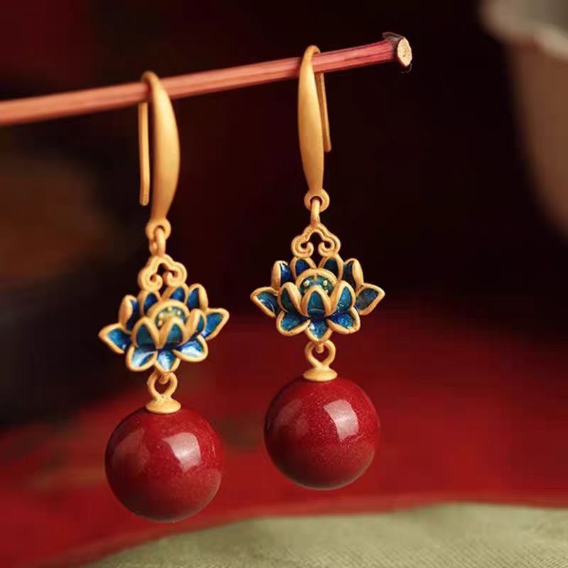 Natural Lotus Earrings for Women Red Chinese Style Retro Lucky Bead Earrings2025New