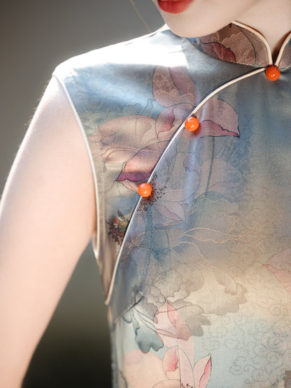 Oil Painting Print Sleeveless Cheongsam – Elegant Slim Dress