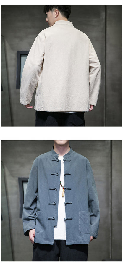 Mens Autumn Chinese Style Hanfu Tang Suit Button Up Cotton Linen Top