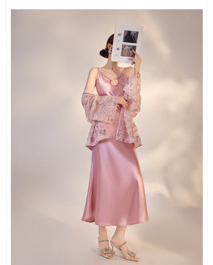 French Style Pink 3D Rose Acetate Strap Dress Elegant Long Gown