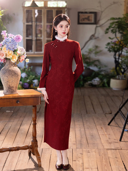 2025 New Red Velvet Cheongsam | Daily & Engagement Warm Dress