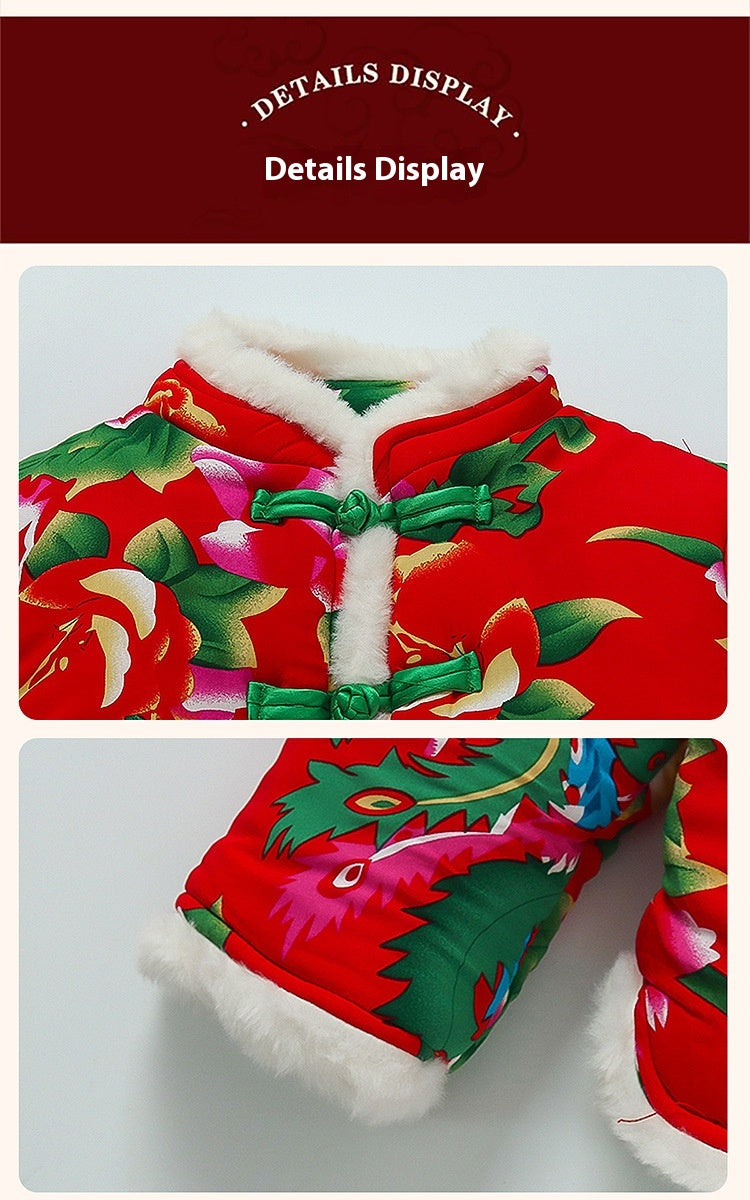 Winter Girls Floral Jacket & Pants Thickened Two-Piece Set