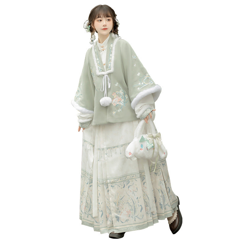 Trees of Sea Women Ming Hanfu Set: Fleece Lined Embroidered Collared Jacket & Horse Face Skirt New Year Outfit