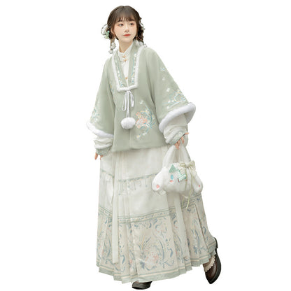 Trees of Sea Women Ming Hanfu Set: Fleece Lined Embroidered Collared Jacket & Horse Face Skirt New Year Outfit