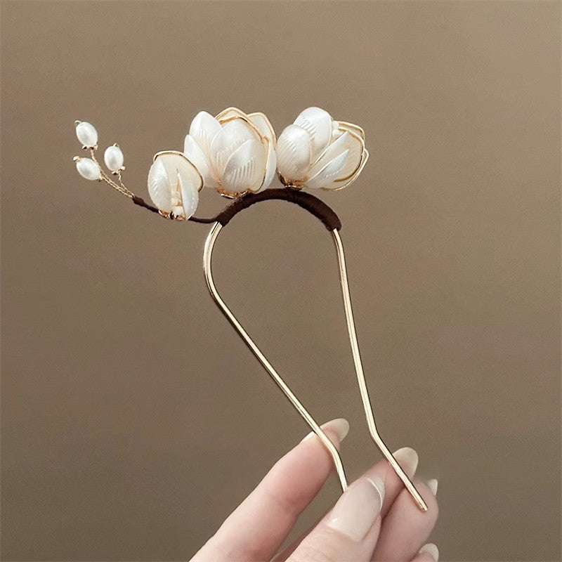 U Hairpin Glass White Magnolia Chinese Style Forest Fairy Cheongsam Accessory