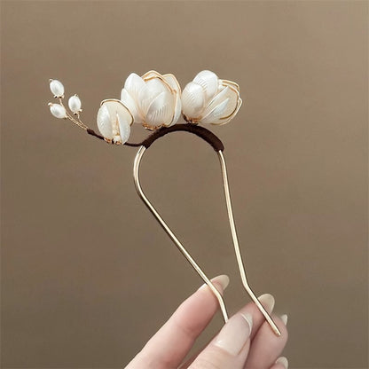 U Hairpin Glass White Magnolia Chinese Style Forest Fairy Cheongsam Accessory