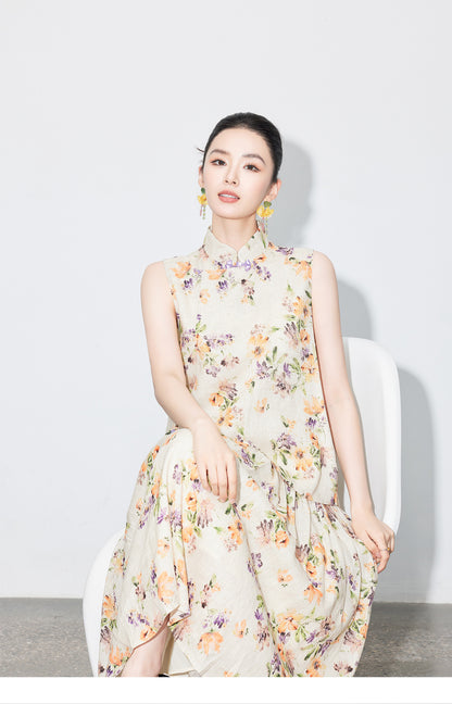 High-End Linen Sleeveless Button Top & Slimming Skirt for Women