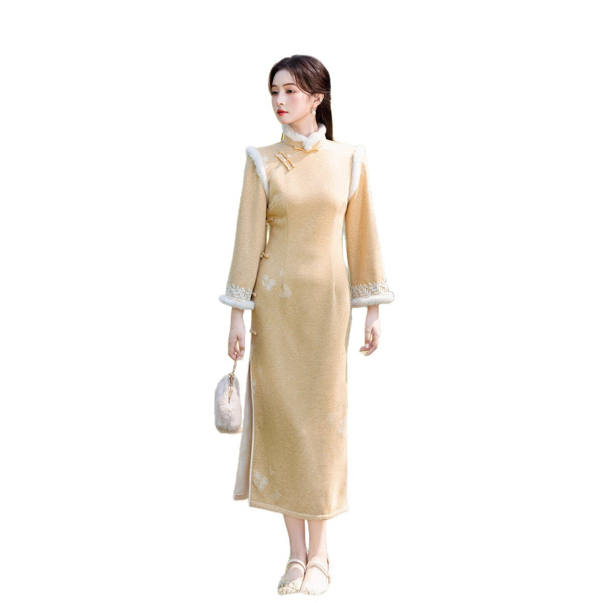 Long Sleeve Crystal Velvet Qipao | Winter Thickened Fleece Lined Dress