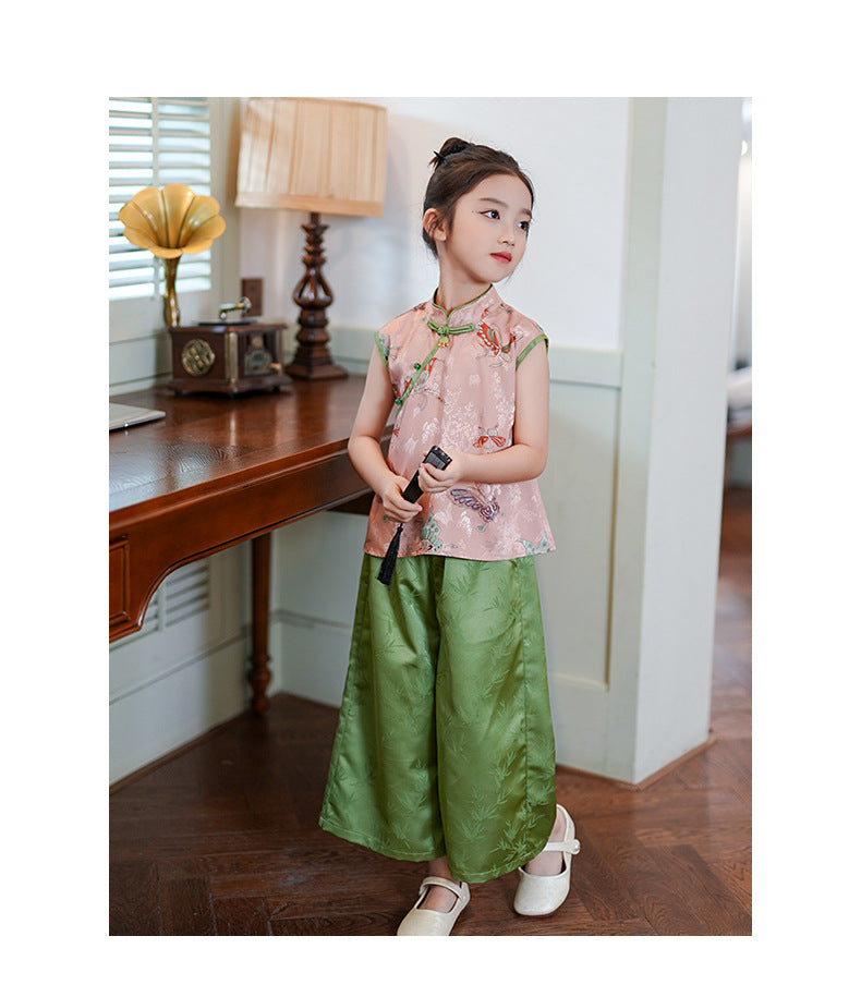 Retro Chinese Style Girls Two-Piece — Summer Cheongsam Top & Skirt