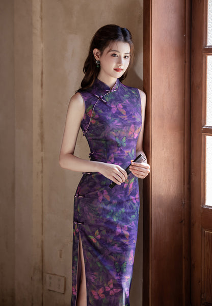 Purple Chinese Style Qipao – Butterfly Elegant Daily Dress