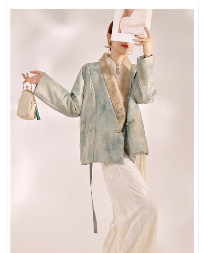 New Chinese Style Feather Collar Embroidered Cotton Jacket for Women