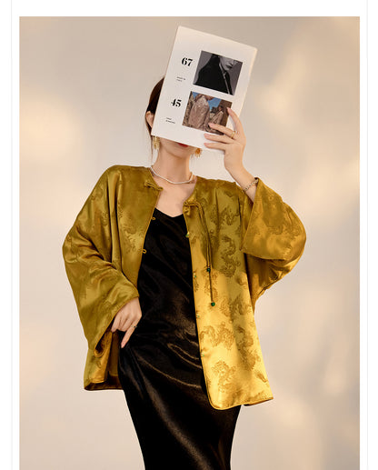 New Chinese Old Money Style Dragon Embroidered Acetate Luxury Coat