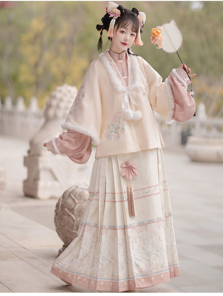Trees of Sea Women Ming Hanfu Set: Embroidered Stand Collar Jacket & Horse Face Skirt New Year