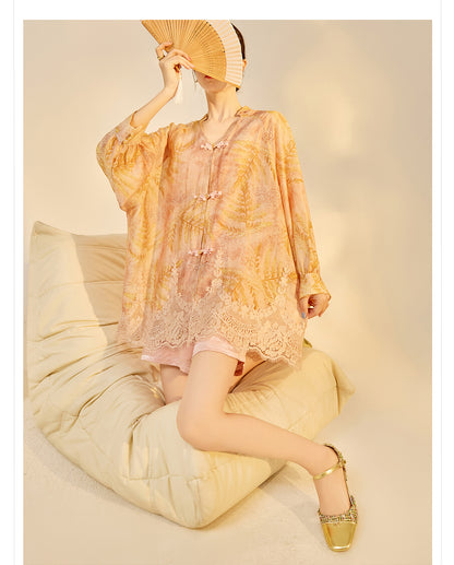 Autumn Chinese Style Lace Patchwork Shirt | Slim Embroidered V-Collar Top