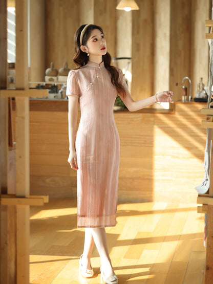 Elegant Pink Cheongsam – New Chinese Style High-End Dress