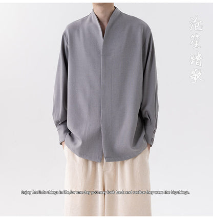 Mens Chinese Style Autumn Trendy Long Sleeve Casual Shirt Jacket