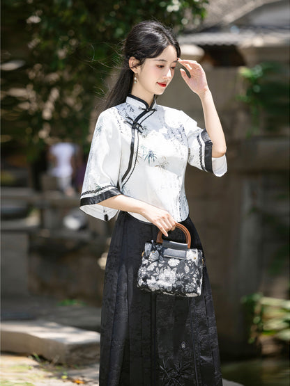 Elegant Improved Cheongsam Top & Hanfu Ink Design Skirt Set