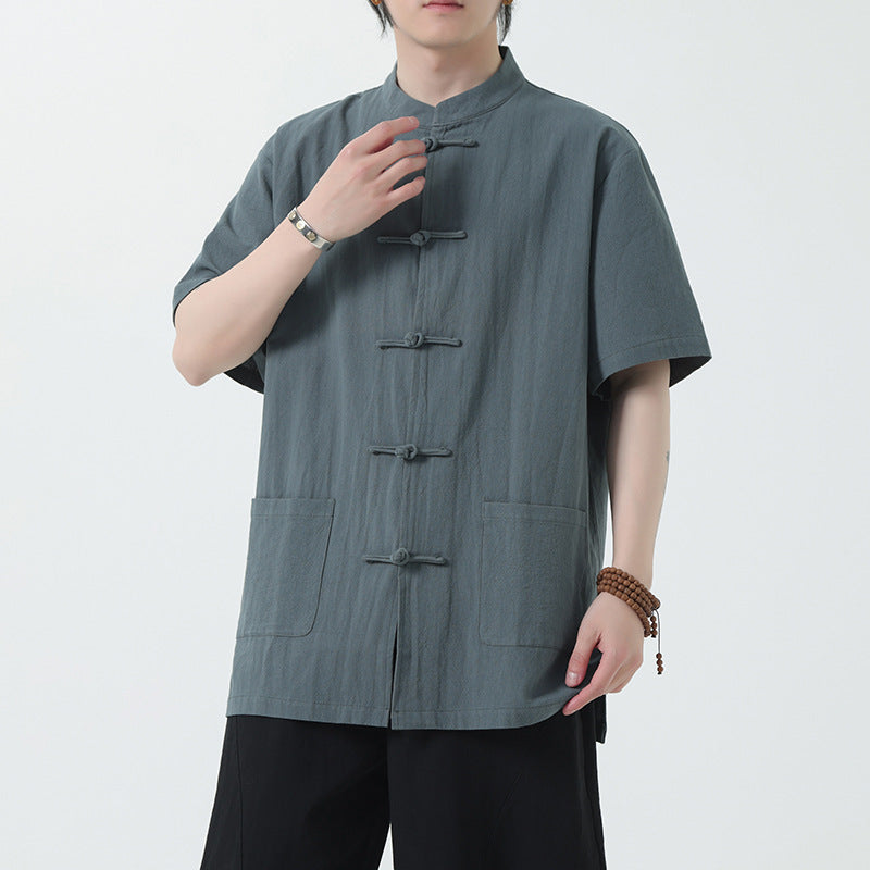 Chinese Style Mens Cotton Linen Shirt Half Sleeve Button Up Casual Top