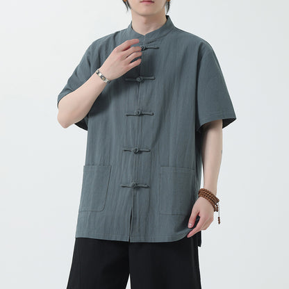 Chinese Style Mens Cotton Linen Shirt Half Sleeve Button Up Casual Top