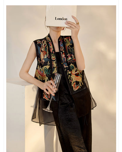 2026 New Chinese Style Silk Embroidered Mesh Patchwork Vintage Vest