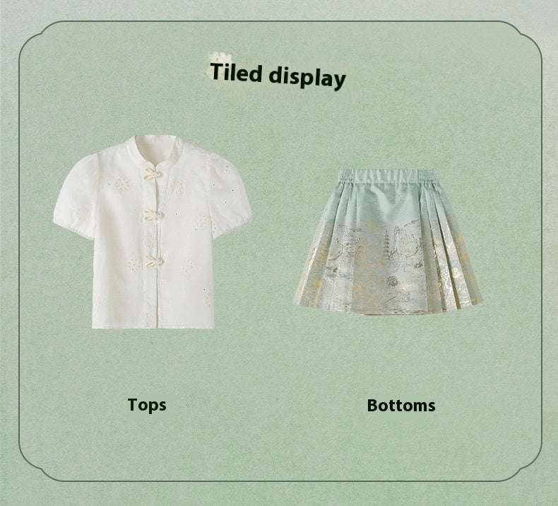 Girls Summer Hanfu Set — Short Sleeve Shirt & Mamian Skirt Two-Piece