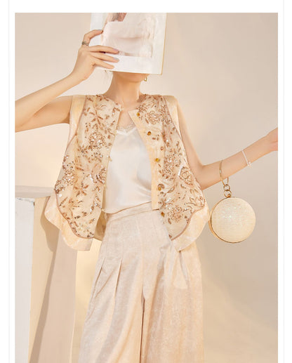 National Style2025Summer New Beaded Embroidery New Chinese Style Sequin Mermaid Skirt Vest Pants Set