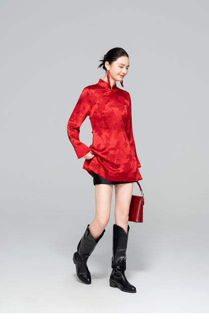 Improved Red Chinese Style Stand Collar Elegant Dress