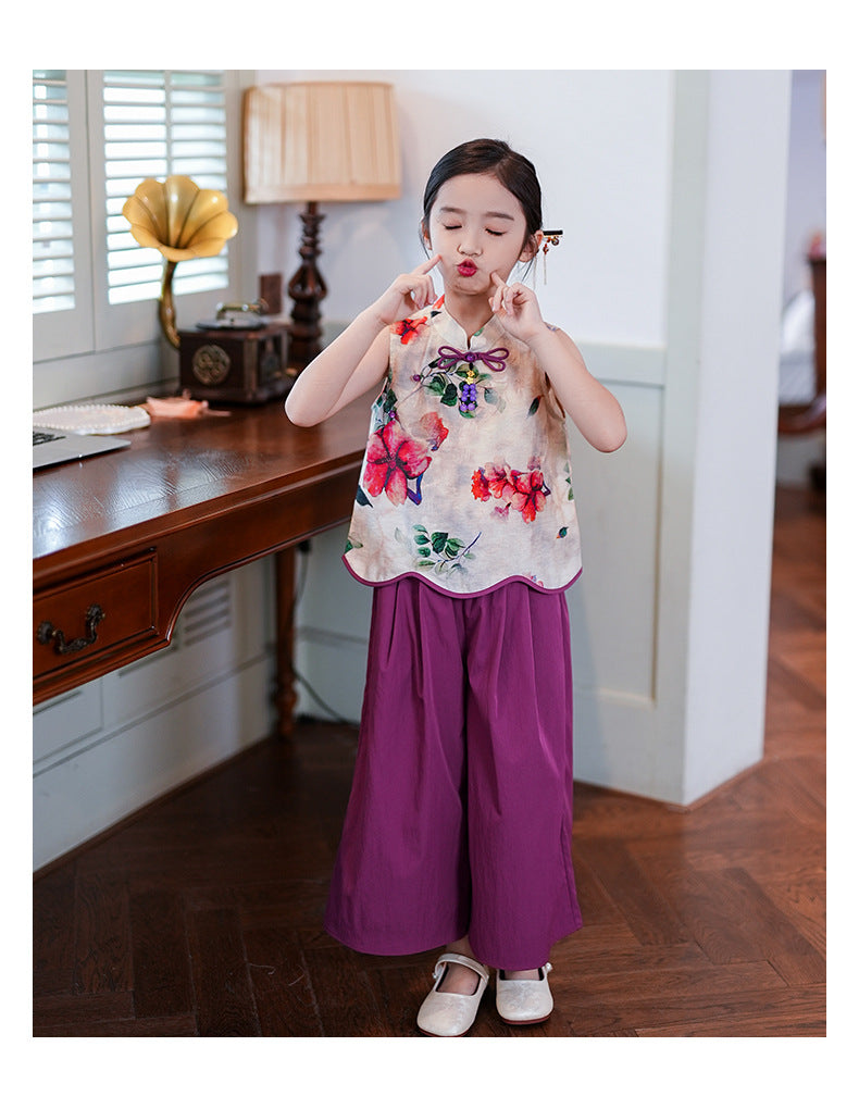 Retro Republic Style Girls Two-Piece — Improved Shirt & Pants Set