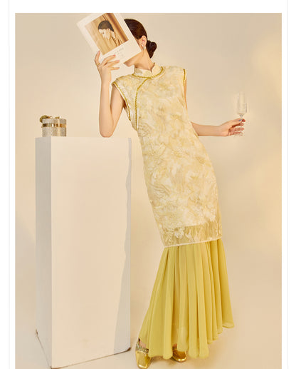 New Chinese Style Printed Cheongsam | Autumn Elegant Beaded Dress