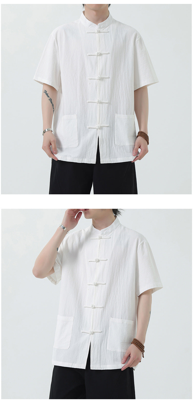 Chinese Style Mens Cotton Linen Shirt Half Sleeve Button Up Casual Top