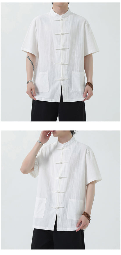 Chinese Style Mens Cotton Linen Shirt Half Sleeve Button Up Casual Top