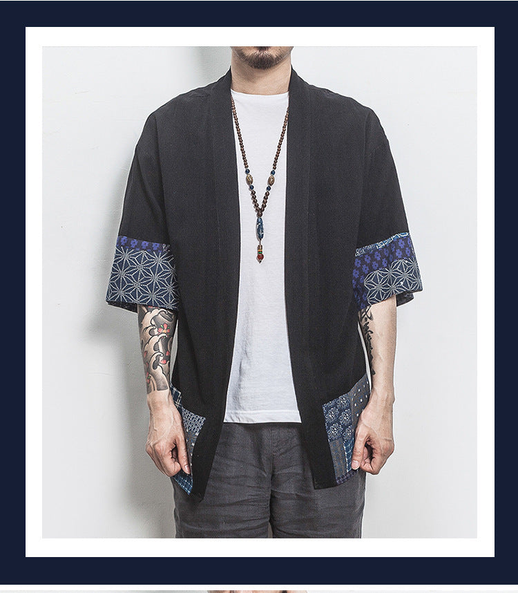Summer Chinese Hanfu Cardigan Men’s Cotton Linen Patchwork Robe
