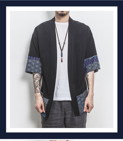 Summer Chinese Hanfu Cardigan Men’s Cotton Linen Patchwork Robe