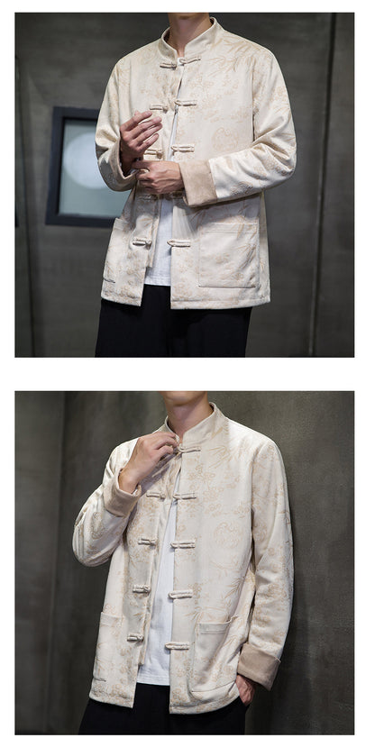 Chinese Style Mens Retro Tang Suit Button Printed Velvet Coat