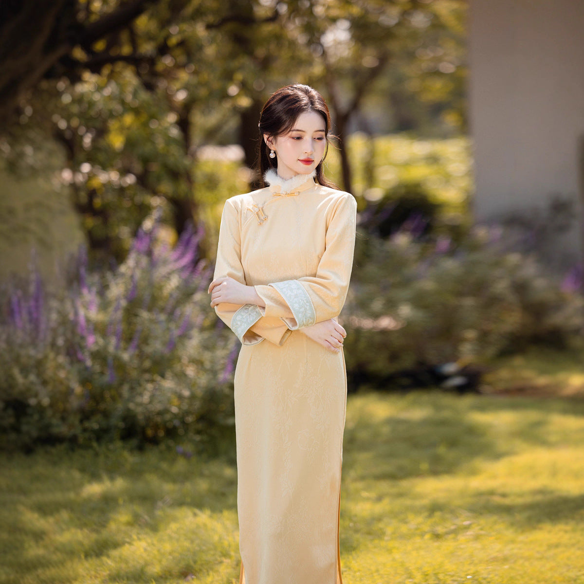 Yellow Fleece-Lined Long Sleeve Qipao | Winter New Chinese Style 2025