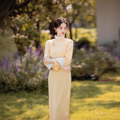 Yellow Fleece-Lined Long Sleeve Qipao | Winter New Chinese Style 2025