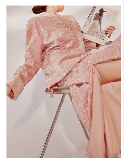 New Chinese Satin Floral Sequin Button Light Luxury Loose Coat