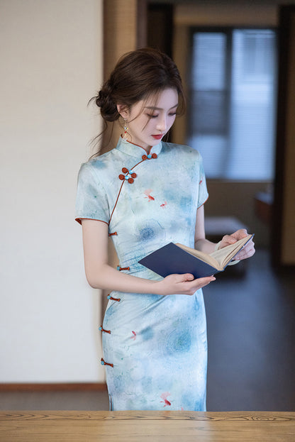 Elegant Blue Cheongsam – Daily Wear 2025 Spring Dress